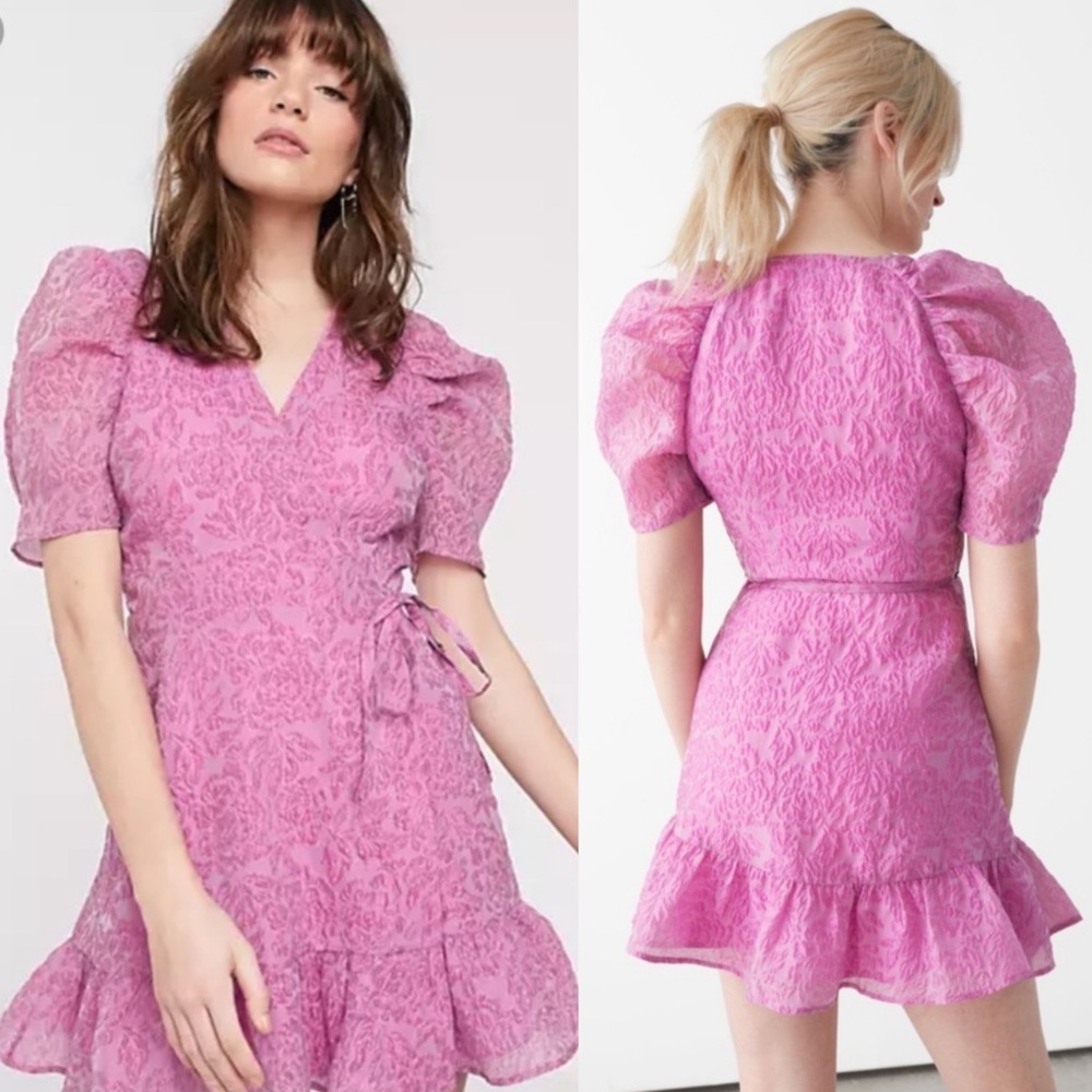 & Other Stories Voluminous Puff Shoulder Violet 80’s Inspired Mini Wrap Dress
